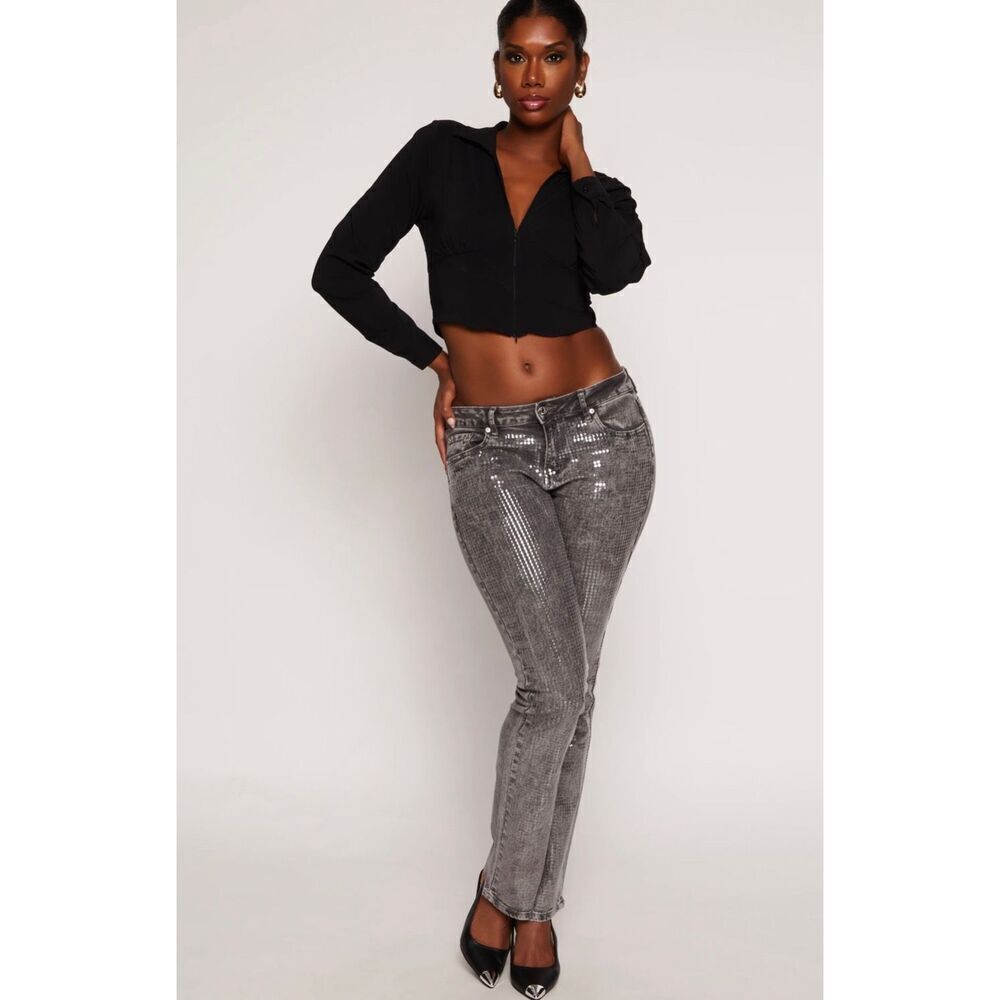 Shimmer Detail Gray Acid Wash Jeans